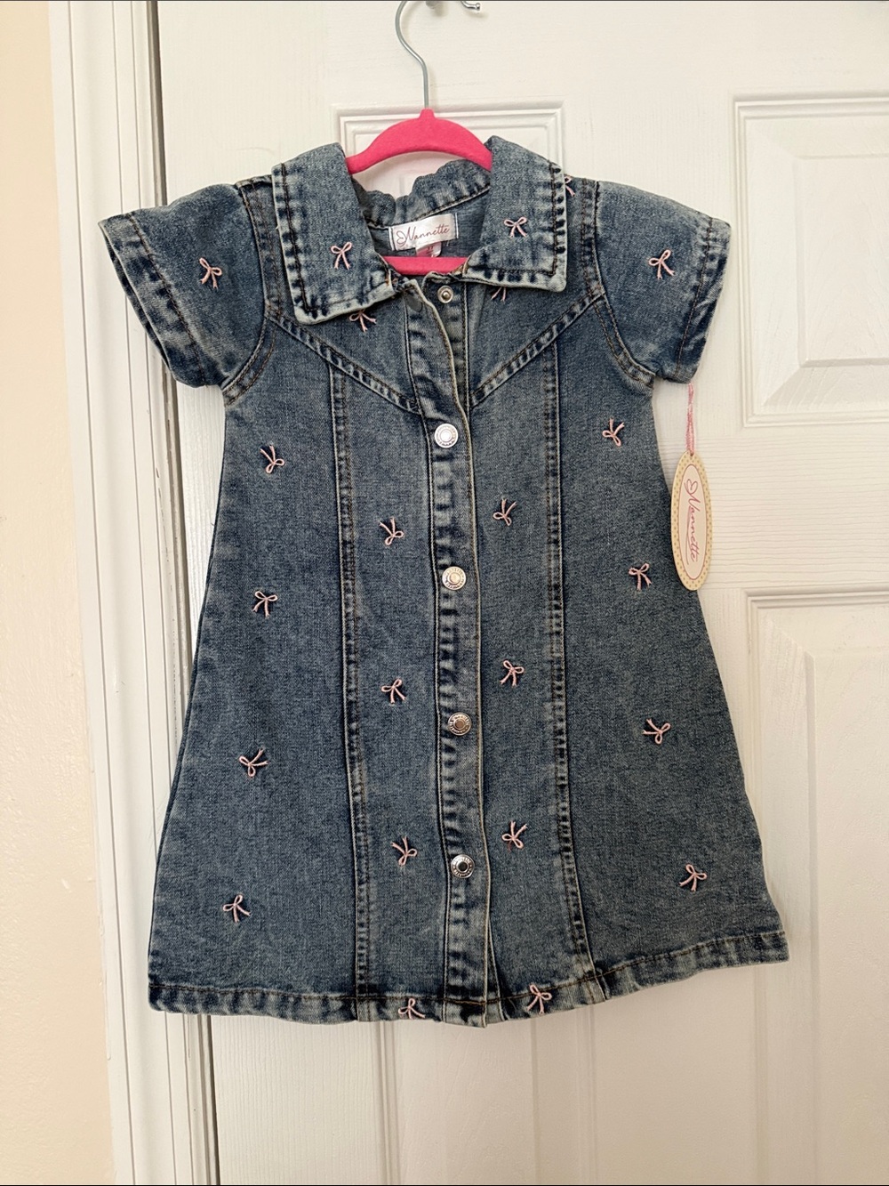 Nannette Blue Denim Dress with Pink Bow Embroidery